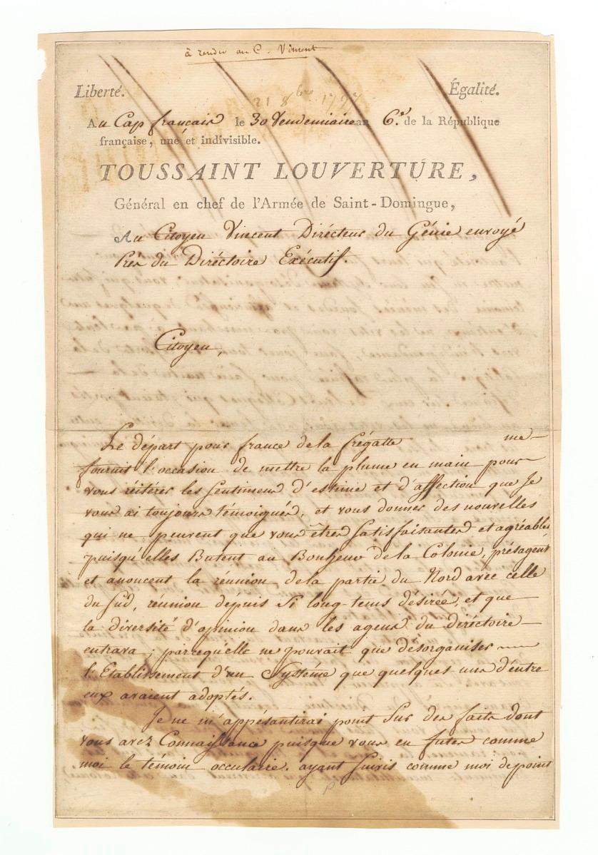 National Museum of African American History and Culture. 1797. Letter to Charles Humbert Marie Vincent signed by Toussaint Louverture. October 21, 1797. Photograph of ink on paper.